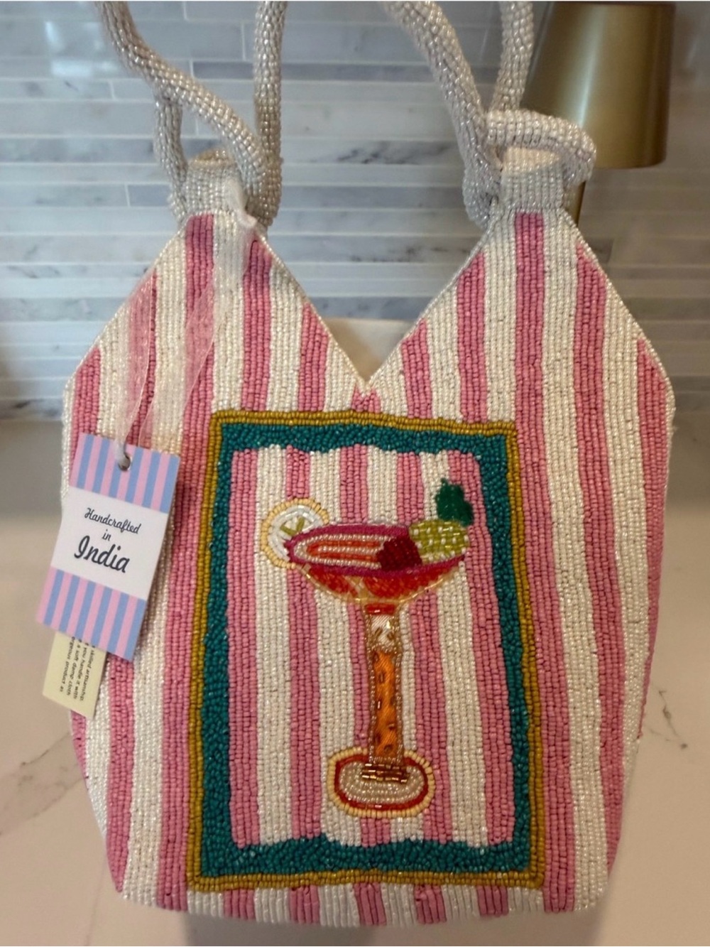 NEW RARE Beaded bag Pink & White Striped Cocktail